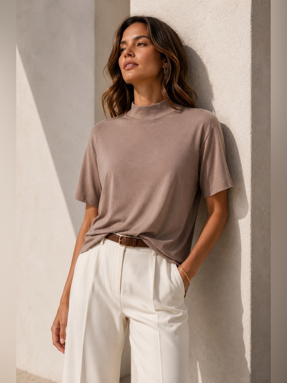 Kit and Ace Mock Neck Short Sleeve Knit Top | Taupe | Medium